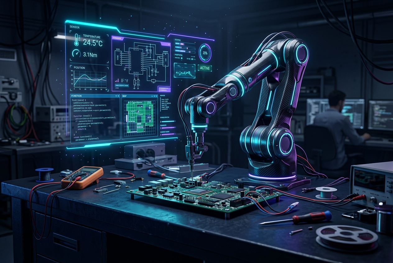 Futuristic robotics dashboard with holographic overlays